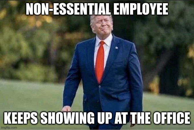 Non-essential Employee | NON-ESSENTIAL EMPLOYEE; KEEPS SHOWING UP AT THE OFFICE | image tagged in trump,gop,loser,worst president ever | made w/ Imgflip meme maker
