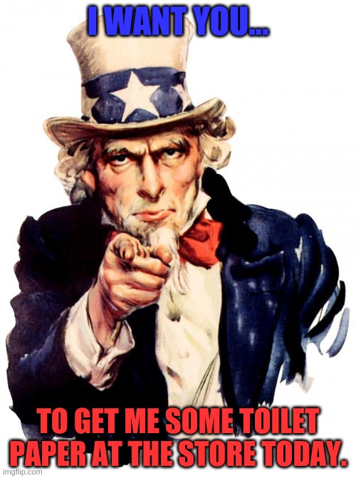 Uncle Sam | I WANT YOU... TO GET ME SOME TOILET PAPER AT THE STORE TODAY. | image tagged in memes,uncle sam | made w/ Imgflip meme maker