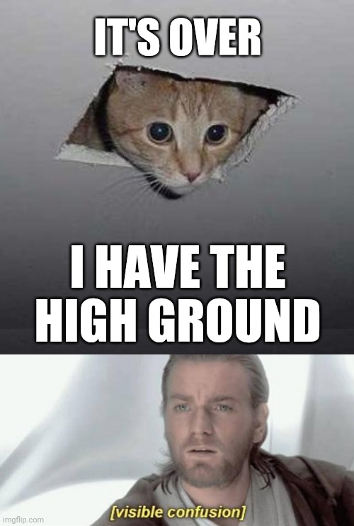 IT'S OVER; I HAVE THE HIGH GROUND | image tagged in memes,ceiling cat,visible confusion,star wars prequels,star wars meme,obi wan kenobi | made w/ Imgflip meme maker