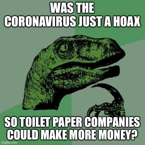 Philosoraptor | WAS THE CORONAVIRUS JUST A HOAX; SO TOILET PAPER COMPANIES COULD MAKE MORE MONEY? | image tagged in memes,philosoraptor | made w/ Imgflip meme maker
