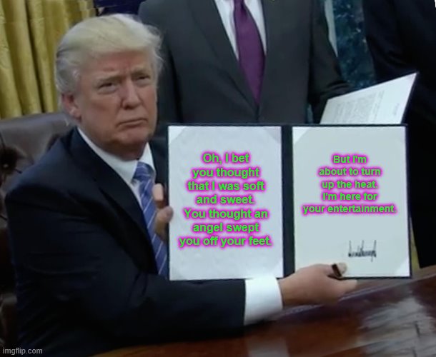 Trump Bill Signing | Oh, I bet you thought that I was soft and sweet. You thought an angel swept you off your feet. But I'm about to turn up the heat. I'm here for your entertainment. | image tagged in memes,trump bill signing | made w/ Imgflip meme maker