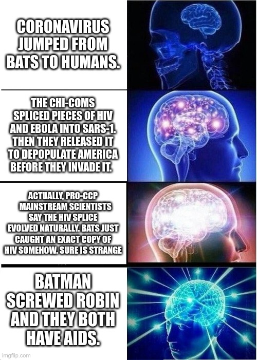 Expanding Brain | CORONAVIRUS JUMPED FROM BATS TO HUMANS. THE CHI-COMS SPLICED PIECES OF HIV AND EBOLA INTO SARS-1. THEN THEY RELEASED IT TO DEPOPULATE AMERICA BEFORE THEY INVADE IT. ACTUALLY, PRO-CCP    MAINSTREAM SCIENTISTS SAY THE HIV SPLICE EVOLVED NATURALLY. BATS JUST CAUGHT AN EXACT COPY OF HIV SOMEHOW. SURE IS STRANGE; BATMAN
SCREWED ROBIN
AND THEY BOTH
HAVE AIDS. | image tagged in memes,expanding brain | made w/ Imgflip meme maker
