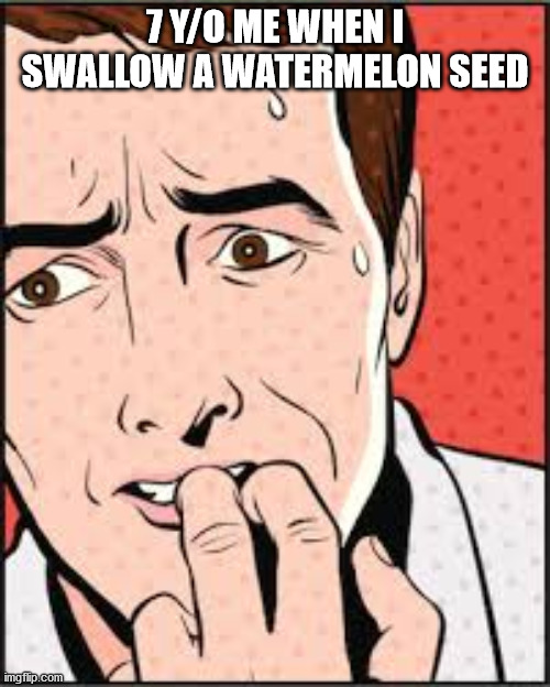 Oh NO | 7 Y/O ME WHEN I SWALLOW A WATERMELON SEED | image tagged in oh no | made w/ Imgflip meme maker