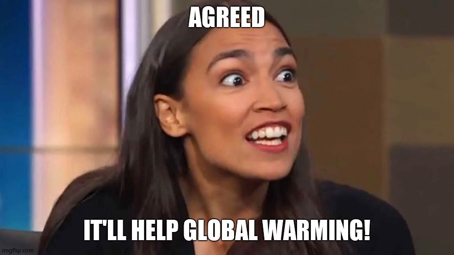 Crazy AOC | AGREED IT'LL HELP GLOBAL WARMING! | image tagged in crazy aoc | made w/ Imgflip meme maker