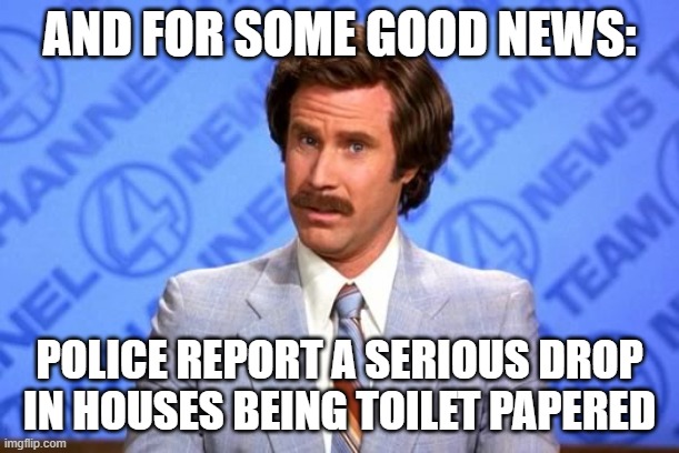 Confused Will Ferrell | AND FOR SOME GOOD NEWS:; POLICE REPORT A SERIOUS DROP IN HOUSES BEING TOILET PAPERED | image tagged in confused will ferrell | made w/ Imgflip meme maker