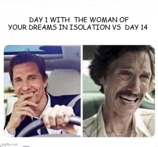 DAY 1 WITH  THE WOMAN OF YOUR DREAMS IN ISOLATION VS  DAY 14 | image tagged in isolating,relationship | made w/ Imgflip meme maker