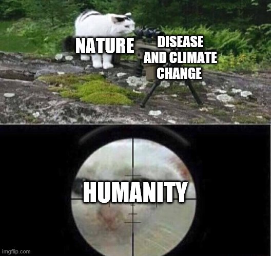 Sniper cat aim crying cat | DISEASE AND CLIMATE CHANGE; NATURE; HUMANITY | image tagged in sniper cat aim crying cat | made w/ Imgflip meme maker