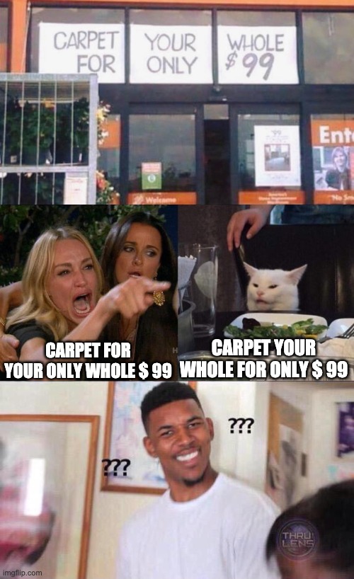 That's an expensive whole carpet... | CARPET YOUR WHOLE FOR ONLY $ 99; CARPET FOR YOUR ONLY WHOLE $ 99 | image tagged in black guy confused,memes,woman yelling at cat,cat,funny,english | made w/ Imgflip meme maker