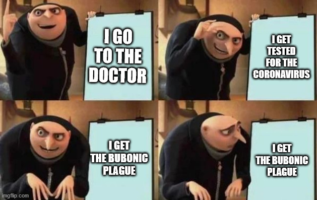 Gru's Plan | I GO TO THE DOCTOR; I GET TESTED FOR THE CORONAVIRUS; I GET THE BUBONIC PLAGUE; I GET THE BUBONIC PLAGUE | image tagged in gru's plan | made w/ Imgflip meme maker