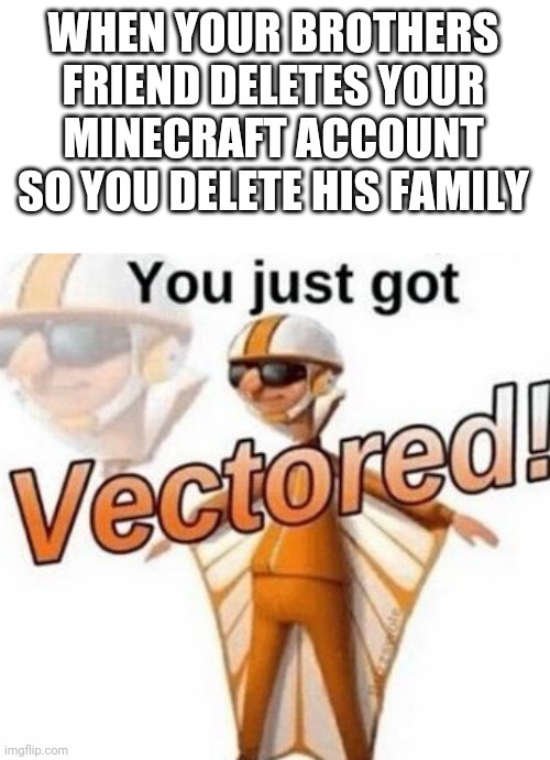 YOU GOT EXTRA VECTORED N00B | WHEN YOUR BROTHERS FRIEND DELETES YOUR MINECRAFT ACCOUNT SO YOU DELETE HIS FAMILY | image tagged in you just got vectored,memes,minecraft,vector,karma,siblings | made w/ Imgflip meme maker