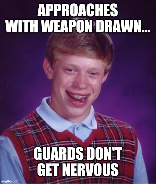 Bad Luck Brian Meme | APPROACHES WITH WEAPON DRAWN... GUARDS DON'T GET NERVOUS | image tagged in memes,bad luck brian | made w/ Imgflip meme maker