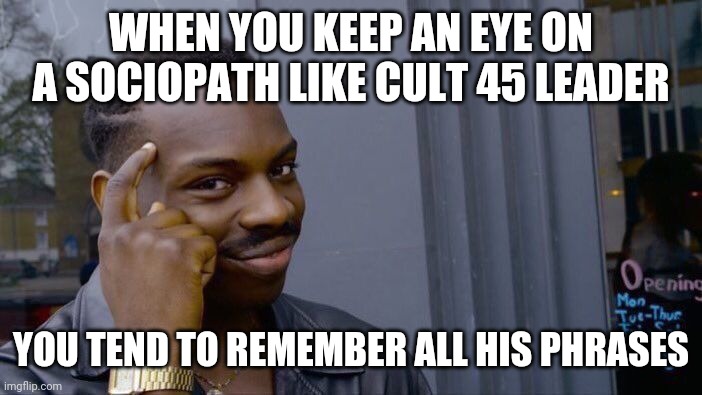 Roll Safe Think About It Meme | WHEN YOU KEEP AN EYE ON A SOCIOPATH LIKE CULT 45 LEADER YOU TEND TO REMEMBER ALL HIS PHRASES | image tagged in memes,roll safe think about it | made w/ Imgflip meme maker