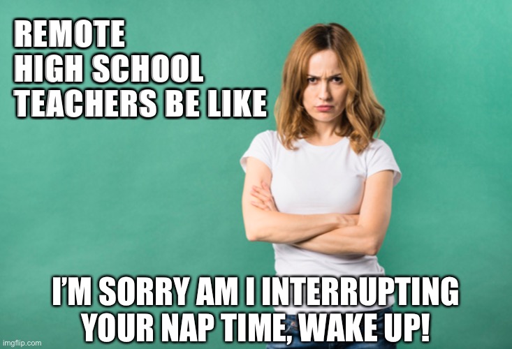 Remote High School Teachers be like | REMOTE HIGH SCHOOL TEACHERS BE LIKE; I’M SORRY AM I INTERRUPTING YOUR NAP TIME, WAKE UP! | image tagged in teaching,annoyed,nap,teenagers,wake-up,innterupting | made w/ Imgflip meme maker