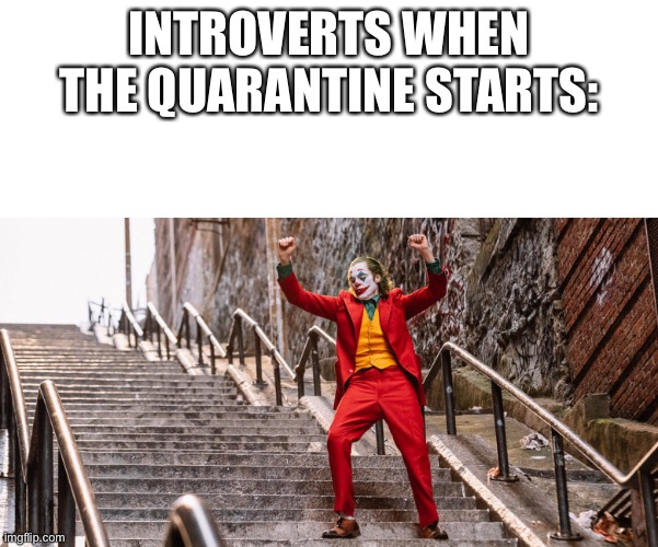 INTROVERTS WHEN THE QUARANTINE STARTS: | image tagged in blank white template,joker dance | made w/ Imgflip meme maker