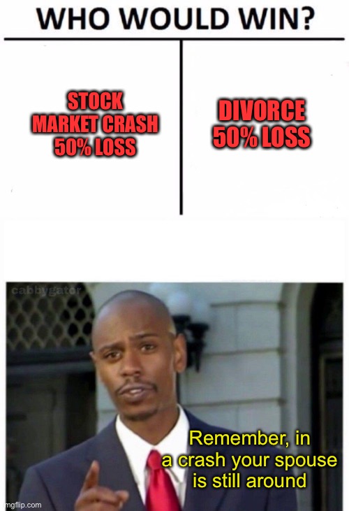 I’m getting my calculator out, just kidding honey. | DIVORCE 50% LOSS; STOCK MARKET CRASH 50% LOSS; Remember, in a crash your spouse is still around | image tagged in memes,who would win,modern problems,stock photos,divorce,funny | made w/ Imgflip meme maker