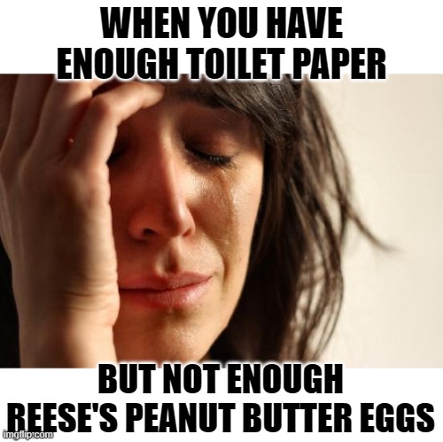 First World Survival Problems |  WHEN YOU HAVE
ENOUGH TOILET PAPER; BUT NOT ENOUGH REESE'S PEANUT BUTTER EGGS | image tagged in memes,first world problems,toilet paper,reese's,lol,survival | made w/ Imgflip meme maker