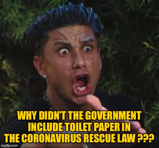 for crying out loud | WHY DIDN’T THE GOVERNMENT INCLUDE TOILET PAPER IN THE CORONAVIRUS RESCUE LAW ??? | image tagged in for crying out loud | made w/ Imgflip meme maker