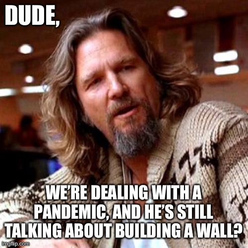 Confused Lebowski Meme | DUDE, WE’RE DEALING WITH A PANDEMIC, AND HE’S STILL TALKING ABOUT BUILDING A WALL? | image tagged in memes,confused lebowski | made w/ Imgflip meme maker