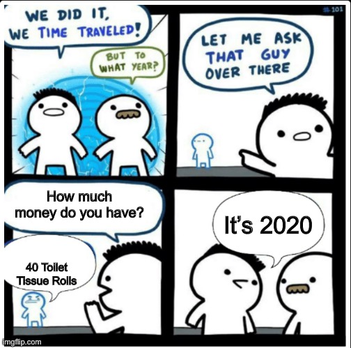 Time travel | How much money do you have? It’s 2020; 40 Toilet Tissue Rolls | image tagged in time travel | made w/ Imgflip meme maker