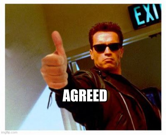 terminator thumbs up | AGREED | image tagged in terminator thumbs up | made w/ Imgflip meme maker