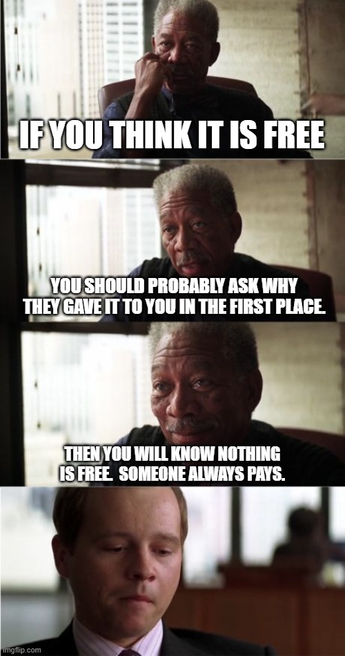 Morgan Freeman Good Luck Meme | IF YOU THINK IT IS FREE YOU SHOULD PROBABLY ASK WHY THEY GAVE IT TO YOU IN THE FIRST PLACE. THEN YOU WILL KNOW NOTHING IS FREE.  SOMEONE ALW | image tagged in memes,morgan freeman good luck | made w/ Imgflip meme maker