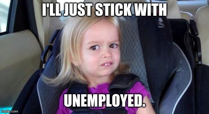 wtf girl | I'LL JUST STICK WITH UNEMPLOYED. | image tagged in wtf girl | made w/ Imgflip meme maker