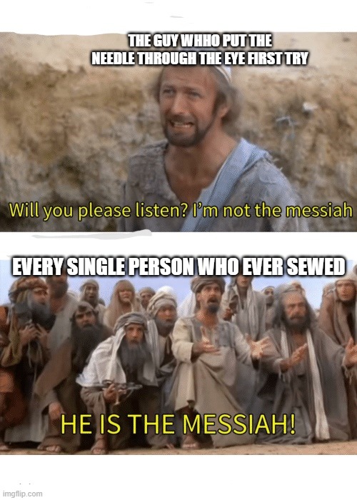 He is the messiah | THE GUY WHHO PUT THE NEEDLE THROUGH THE EYE FIRST TRY EVERY SINGLE PERSON WHO EVER SEWED | image tagged in he is the messiah | made w/ Imgflip meme maker