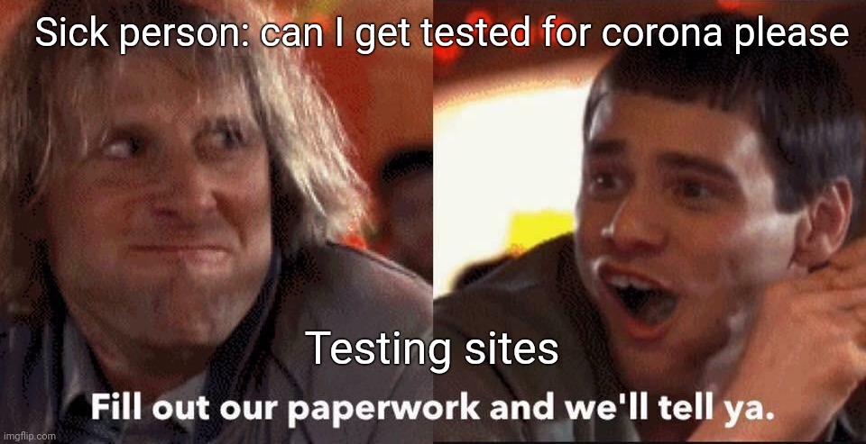 Dumb and dumber | Sick person: can I get tested for corona please; Testing sites | image tagged in dumb and dumber | made w/ Imgflip meme maker