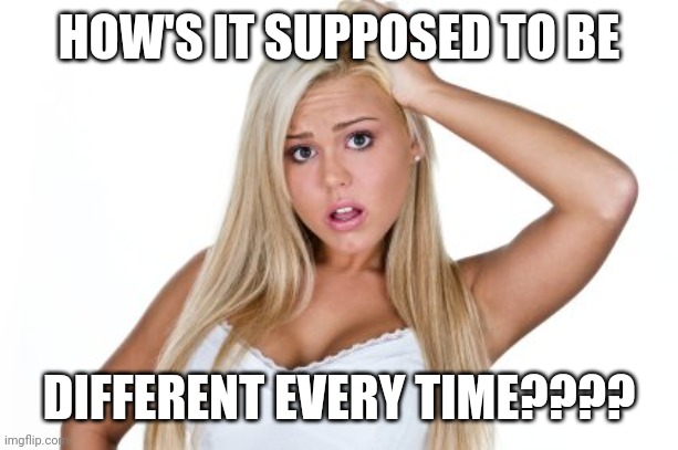 Dumb Blonde | HOW'S IT SUPPOSED TO BE DIFFERENT EVERY TIME???? | image tagged in dumb blonde | made w/ Imgflip meme maker