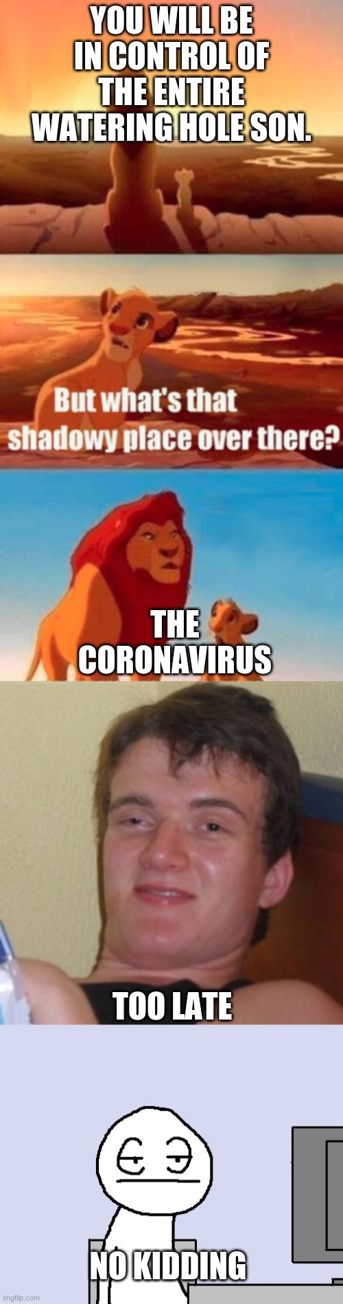 It's all Simba's fault. | YOU WILL BE IN CONTROL OF THE ENTIRE WATERING HOLE SON. THE CORONAVIRUS; TOO LATE; NO KIDDING | image tagged in memes,simba shadowy place,high/drunk guy,bored of this crap,sully groan | made w/ Imgflip meme maker