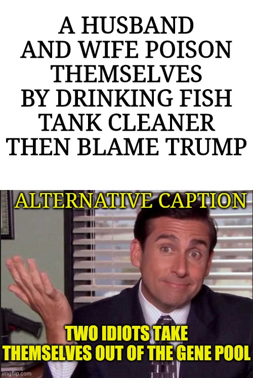 Drinking Fish Tank Cleaner Kills,Who Knew. | A HUSBAND AND WIFE POISON THEMSELVES BY DRINKING FISH TANK CLEANER THEN BLAME TRUMP; ALTERNATIVE CAPTION; TWO IDIOTS TAKE THEMSELVES OUT OF THE GENE POOL | image tagged in michael scott,political meme,coronavirus,corona virus,political humor,trump 2020 | made w/ Imgflip meme maker