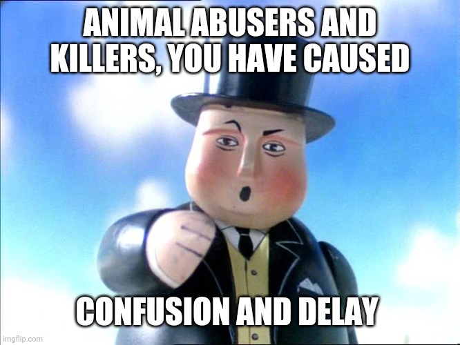 Thomas | ANIMAL ABUSERS AND KILLERS, YOU HAVE CAUSED; CONFUSION AND DELAY | image tagged in thomas | made w/ Imgflip meme maker