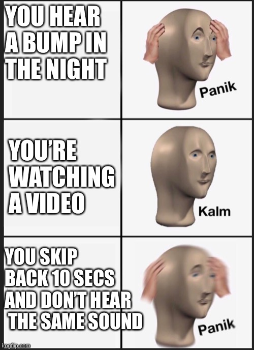 panik calm panik | YOU HEAR 
A BUMP IN 
THE NIGHT; YOU’RE 
WATCHING 
A VIDEO; YOU SKIP 
BACK 10 SECS 
AND DON’T HEAR
 THE SAME SOUND | image tagged in panik calm panik | made w/ Imgflip meme maker