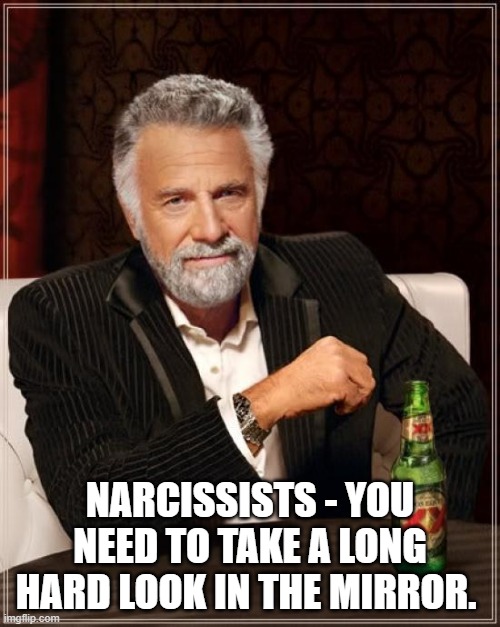 The Most Interesting Man In The World | NARCISSISTS - YOU NEED TO TAKE A LONG HARD LOOK IN THE MIRROR. | image tagged in memes,the most interesting man in the world | made w/ Imgflip meme maker