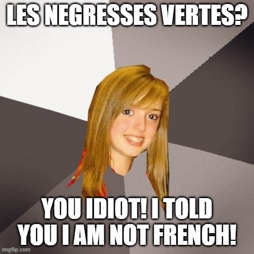 Musically Oblivious 8th Grader | LES NEGRESSES VERTES? YOU IDIOT! I TOLD YOU I AM NOT FRENCH! | image tagged in memes,musically oblivious 8th grader | made w/ Imgflip meme maker