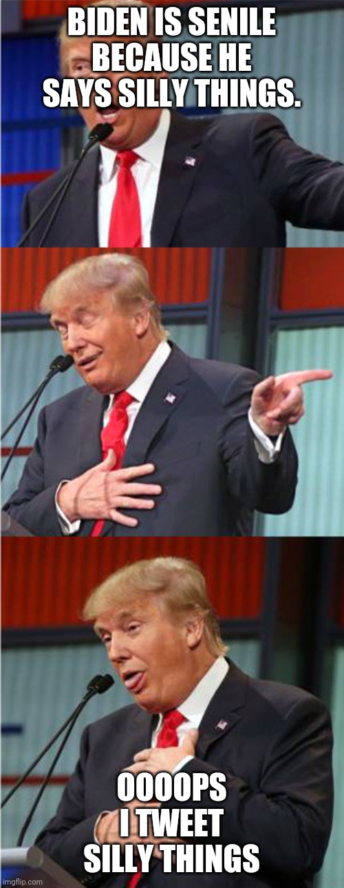 Trump senile | BIDEN IS SENILE BECAUSE HE SAYS SILLY THINGS. OOOOPS I TWEET SILLY THINGS | image tagged in joe biden,donald trump,senile,bernie sanders | made w/ Imgflip meme maker