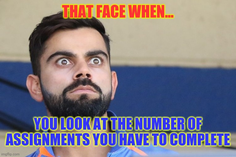Virat | THAT FACE WHEN... YOU LOOK AT THE NUMBER OF ASSIGNMENTS YOU HAVE TO COMPLETE | image tagged in virat | made w/ Imgflip meme maker