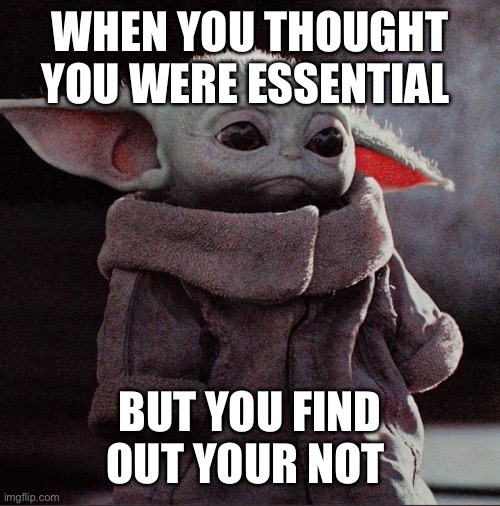 Sad Baby Yoda | WHEN YOU THOUGHT YOU WERE ESSENTIAL; BUT YOU FIND OUT YOUR NOT | image tagged in sad baby yoda | made w/ Imgflip meme maker