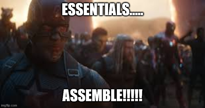 Avengers Assemble | ESSENTIALS..... ASSEMBLE!!!!! | image tagged in avengers assemble | made w/ Imgflip meme maker