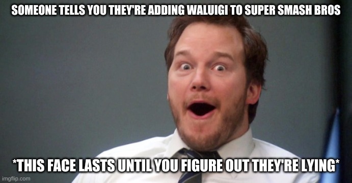 Parks and Recreation | SOMEONE TELLS YOU THEY'RE ADDING WALUIGI TO SUPER SMASH BROS; *THIS FACE LASTS UNTIL YOU FIGURE OUT THEY'RE LYING* | image tagged in parks and recreation | made w/ Imgflip meme maker