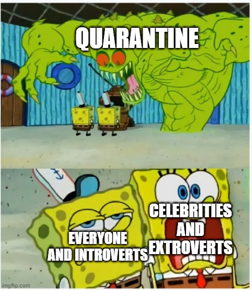 SpongeBob SquarePants scared but also not scared | QUARANTINE; EVERYONE AND INTROVERTS; CELEBRITIES AND EXTROVERTS | image tagged in spongebob squarepants scared but also not scared | made w/ Imgflip meme maker