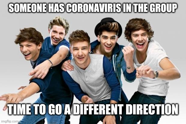 ONE DIRECTION!!!!!! | SOMEONE HAS CORONAVIRIS IN THE GROUP; TIME TO GO A DIFFERENT DIRECTION | image tagged in one direction | made w/ Imgflip meme maker