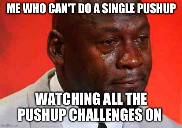 crying michael jordan | ME WHO CAN'T DO A SINGLE PUSHUP; WATCHING ALL THE PUSHUP CHALLENGES ON INSTAGRAM | image tagged in crying michael jordan | made w/ Imgflip meme maker