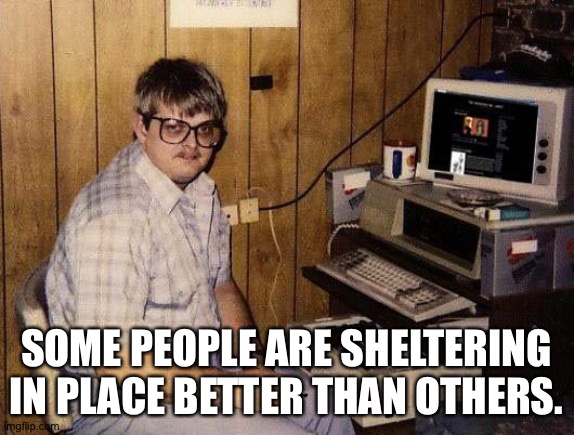 computer nerd | SOME PEOPLE ARE SHELTERING IN PLACE BETTER THAN OTHERS. | image tagged in computer nerd | made w/ Imgflip meme maker