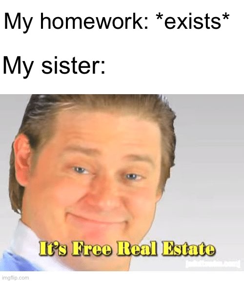 Mom why is my homework filled with horrible drawings | My homework: *exists*; My sister: | image tagged in it's free real estate,memes,siblings | made w/ Imgflip meme maker
