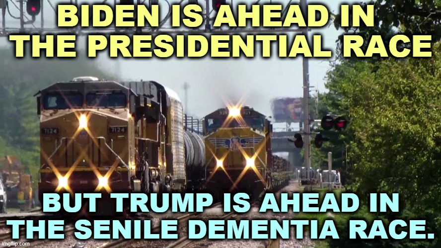 Joe says wrong things occasionally. Trump says wrong things non-stop. | BIDEN IS AHEAD IN 
THE PRESIDENTIAL RACE; BUT TRUMP IS AHEAD IN THE SENILE DEMENTIA RACE. | image tagged in joe biden,presidential race,trump,madman,insane,nut | made w/ Imgflip meme maker