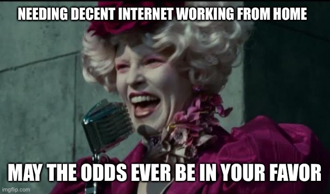 Working from home | NEEDING DECENT INTERNET WORKING FROM HOME; MAY THE ODDS EVER BE IN YOUR FAVOR | image tagged in happy hunger games | made w/ Imgflip meme maker