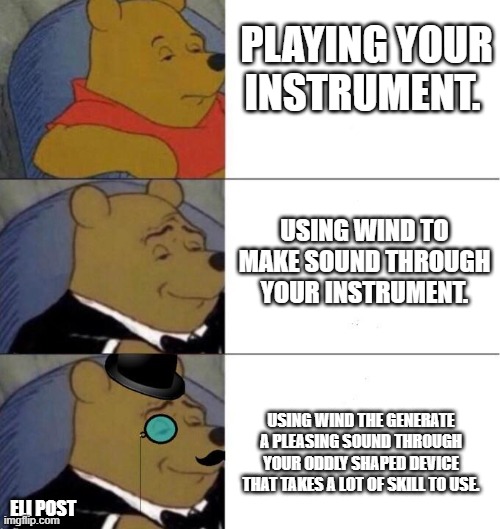 Winnie the pooh elegant x3 | PLAYING YOUR INSTRUMENT. USING WIND TO MAKE SOUND THROUGH YOUR INSTRUMENT. USING WIND THE GENERATE A PLEASING SOUND THROUGH YOUR ODDLY SHAPED DEVICE THAT TAKES A LOT OF SKILL TO USE. ELI POST | image tagged in winnie the pooh elegant x3 | made w/ Imgflip meme maker