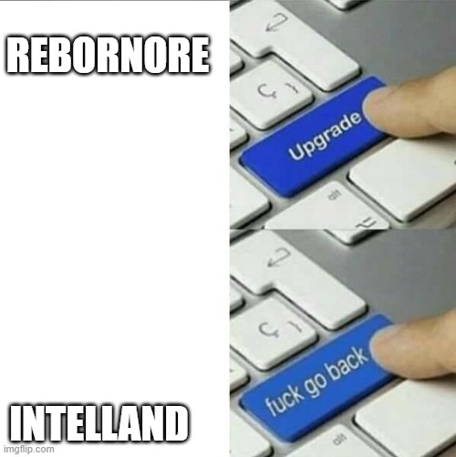 Upgrade go back | REBORNORE; INTELLAND | image tagged in upgrade go back | made w/ Imgflip meme maker