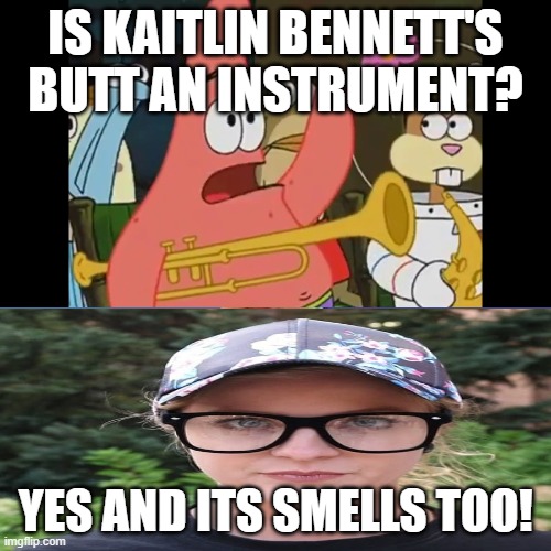 Is Kaitlin Bennett An Instrument | IS KAITLIN BENNETT'S BUTT AN INSTRUMENT? YES AND ITS SMELLS TOO! | image tagged in patrick star,is mayonnaise an instrument,right wing | made w/ Imgflip meme maker